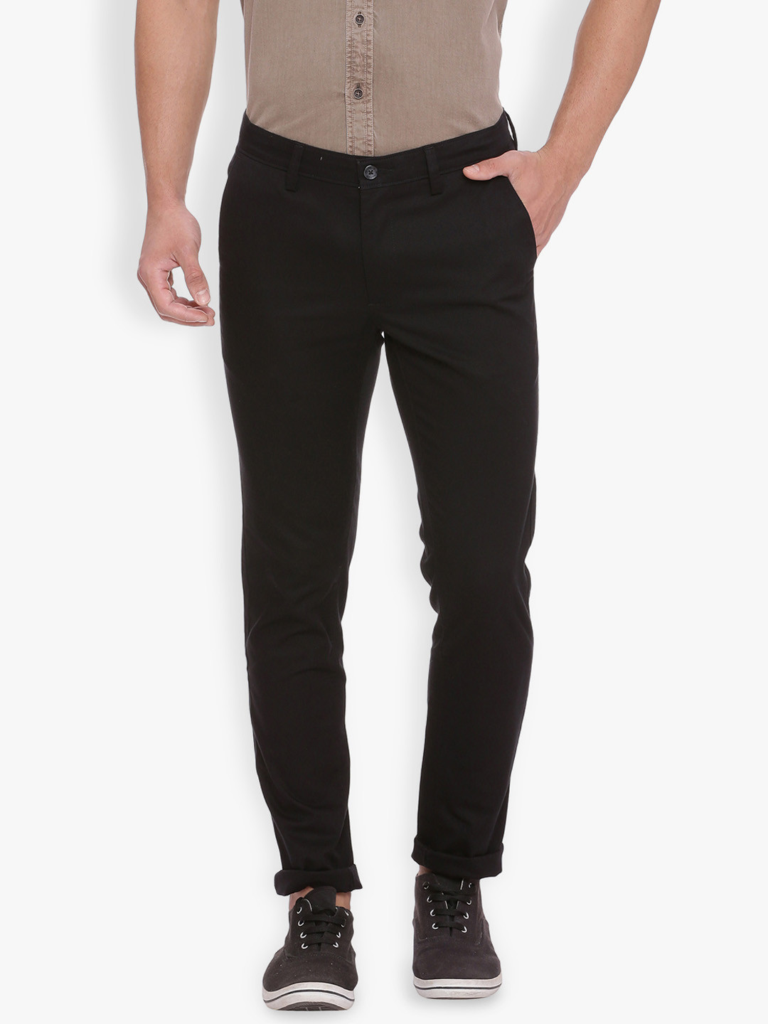 Buy Basics Men Black Tapered Fit Self Design Chinos Trousers for Men