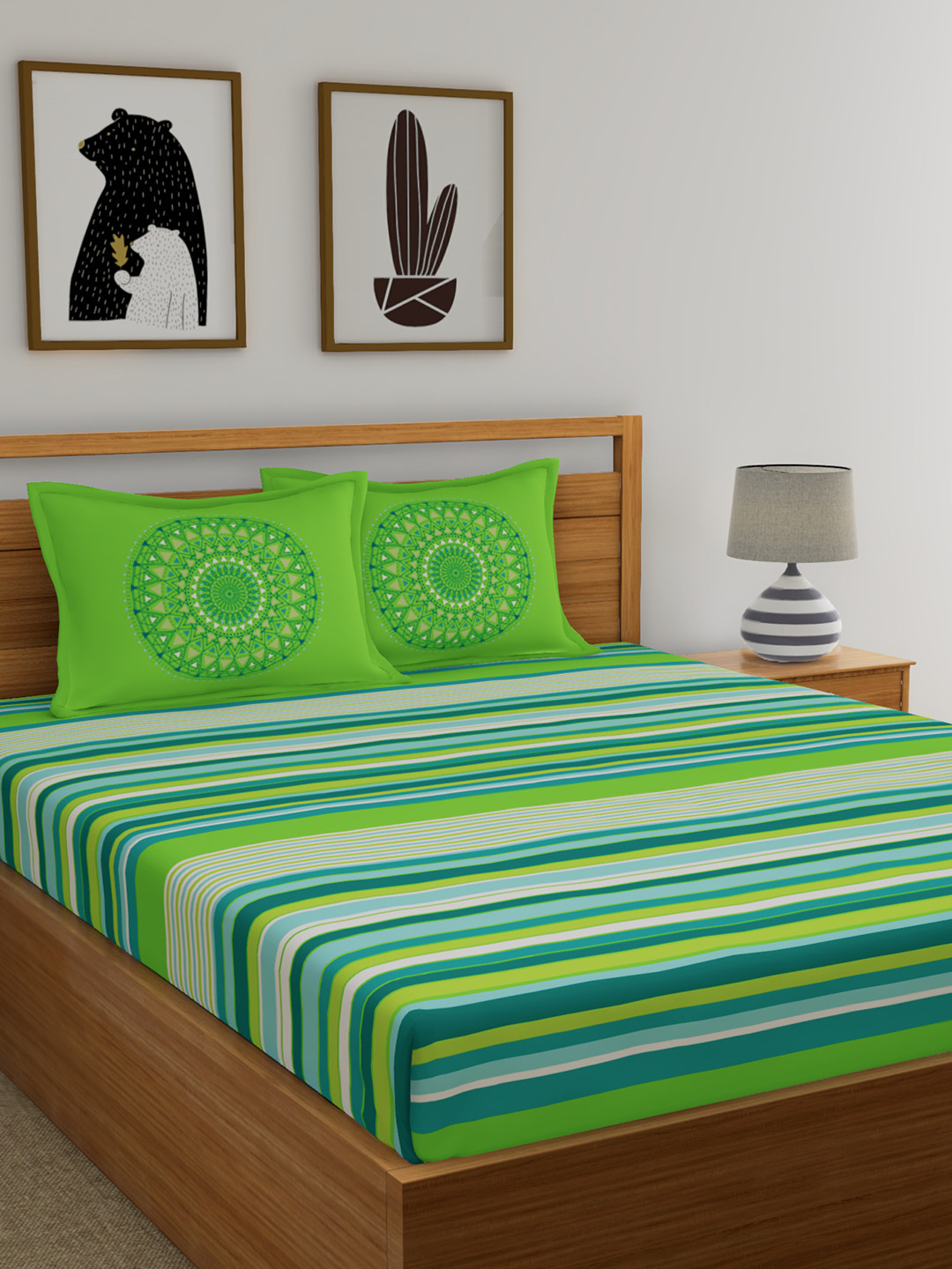 Buy Dreamscape Green Flat 144 TC Cotton Double Bedsheet With 2