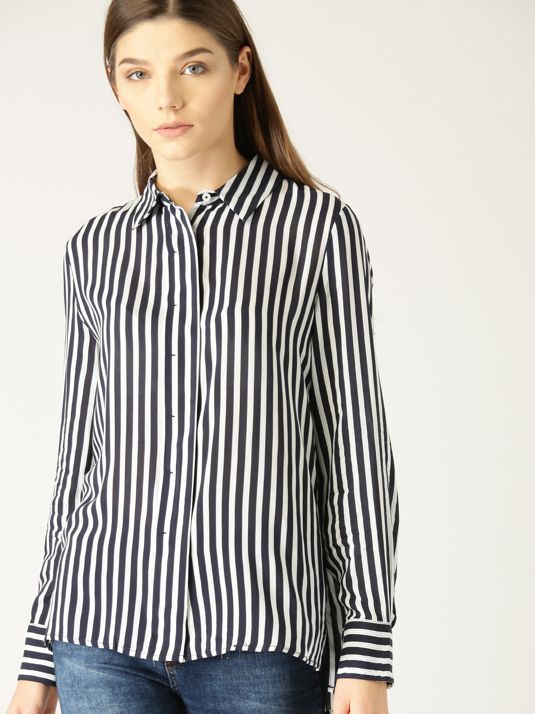 Buy MANGO Women Navy Blue & White Regular Fit Striped Casual Shirt