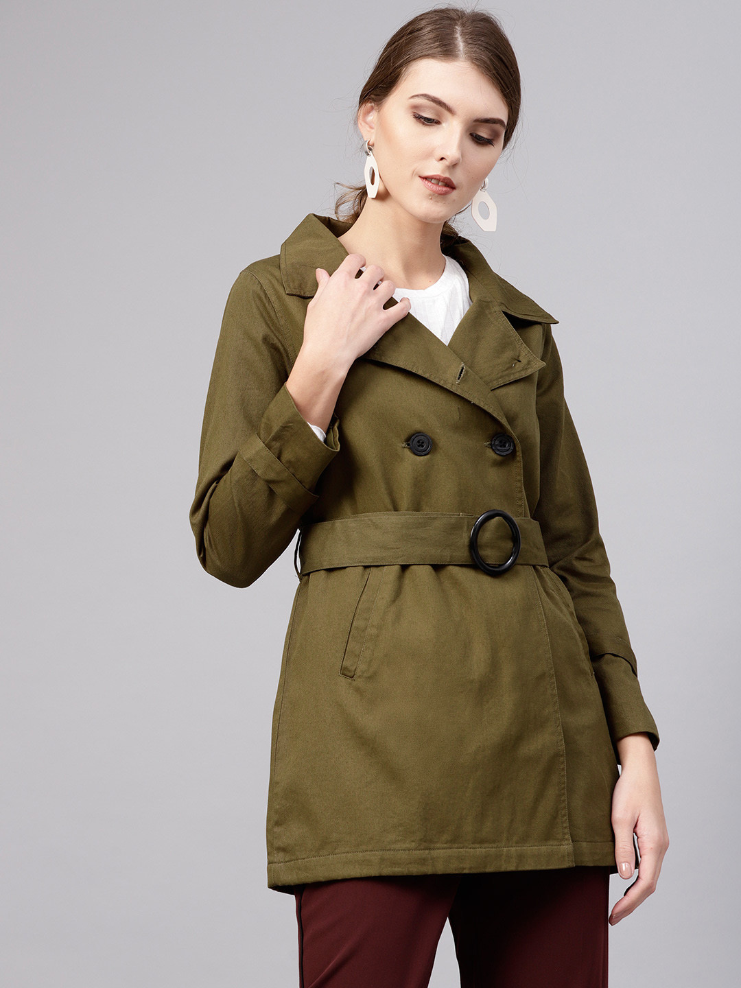 Buy STREET 9 Women Olive Green Solid Double Breasted Trench Coat