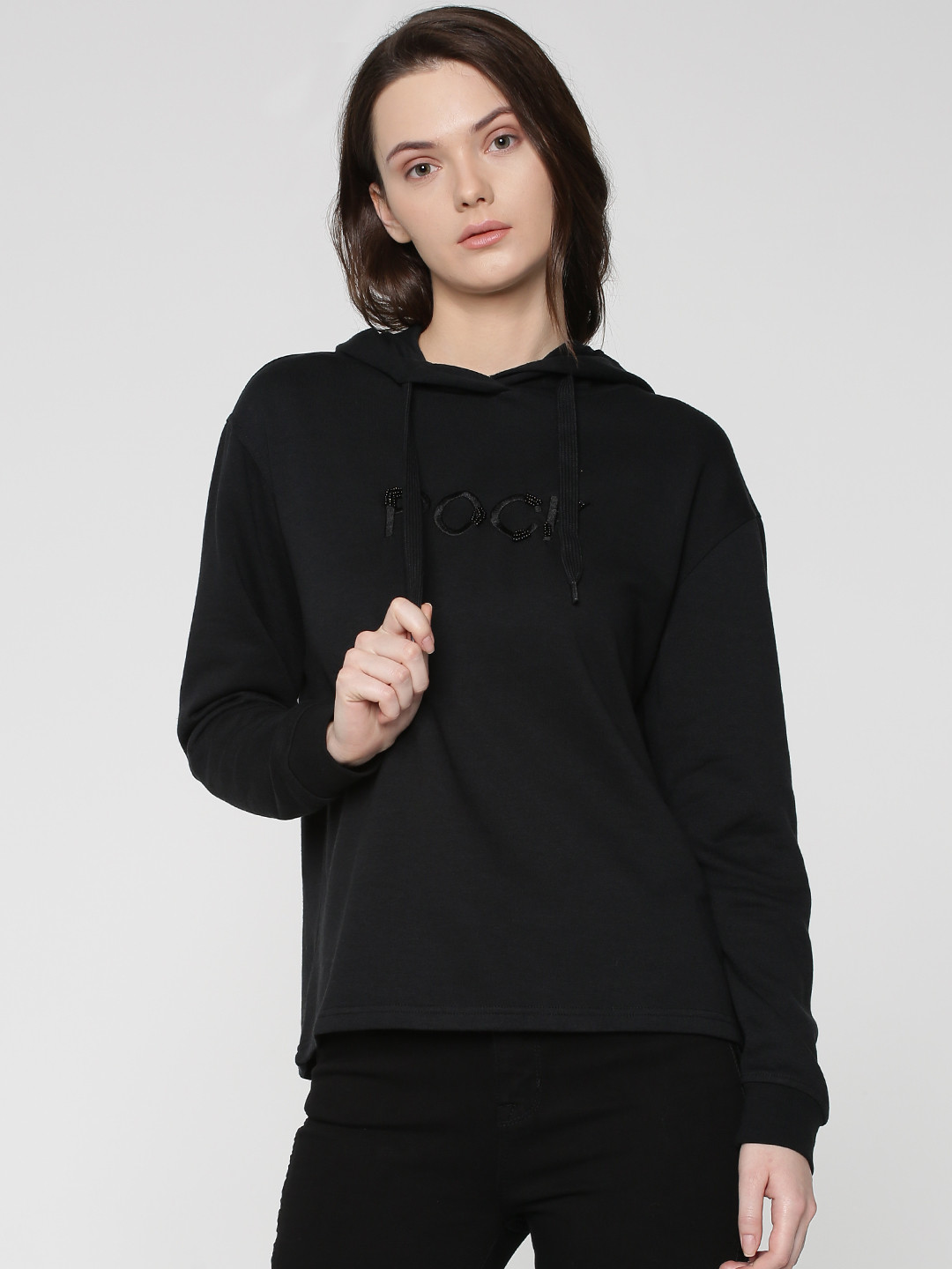 Buy ONLY Women Black Solid Hooded Sweatshirt - Sweatshirts for Women 7776927 | Myntra