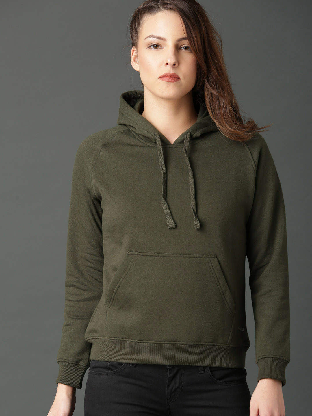 Buy Roadster Women Olive Green Solid Hooded Sweatshirt Sweatshirts