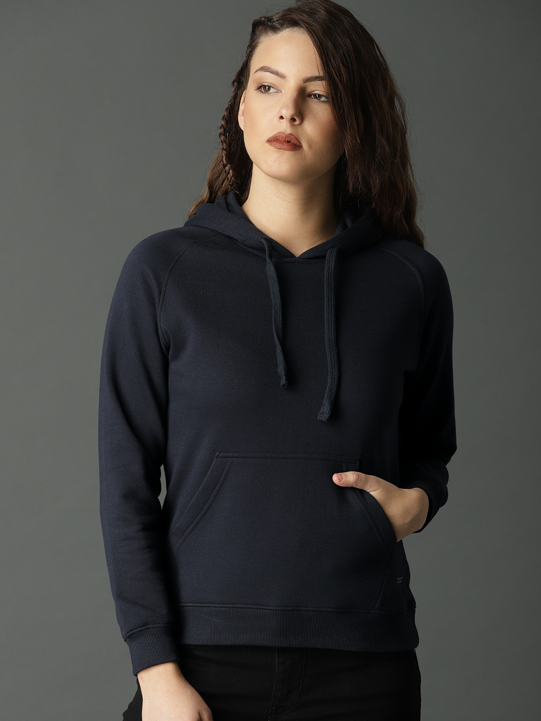 Buy Roadster Women Navy Blue Solid Hooded Sweatshirt Sweatshirts for