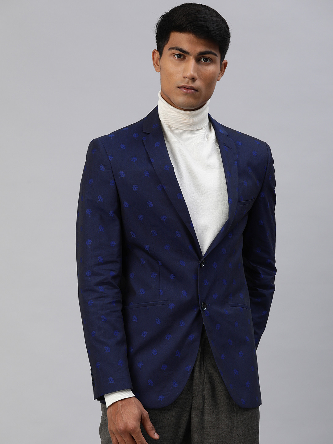 Buy Allen Solly Men Navy Blue Floral Printed Nottingham Fit Single Breasted Formal Blazer 