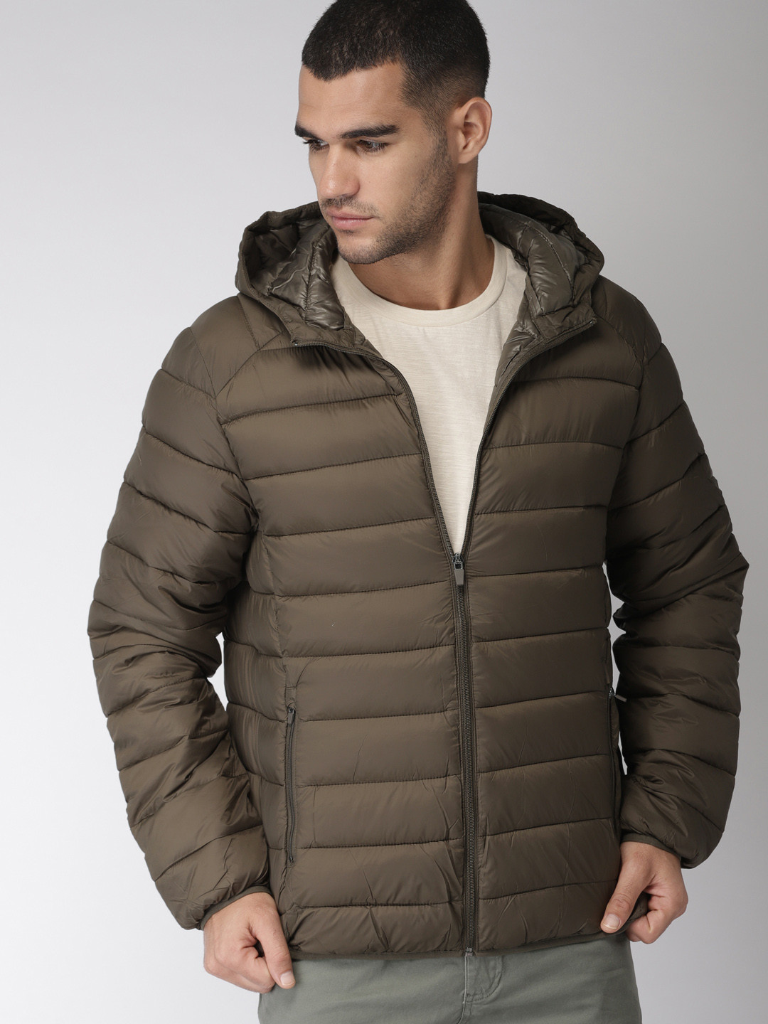 Buy FOREVER 21 Men Olive Green Solid Hooded Puffer Jacket Jackets for