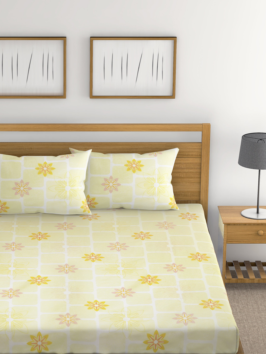 Buy Raymond Home Yellow & White Floral Double Bedsheet With 2 Pillow