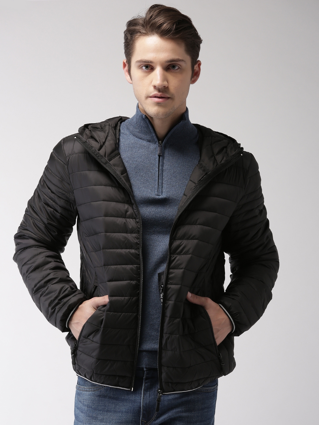 Buy Celio Men Black Solid Hooded Puffer Jacket - Jackets for Men ...