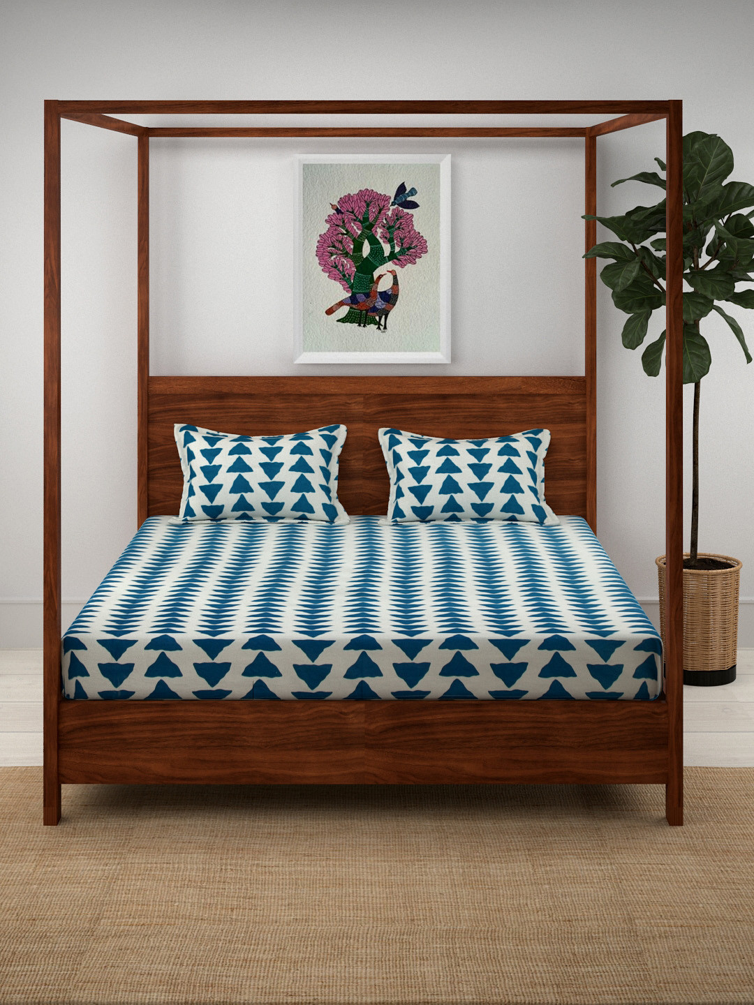 Buy Aura Grey & Teal Green Geometric 120 TC Cotton 1 Single Bedsheet With 2 Pillow Covers