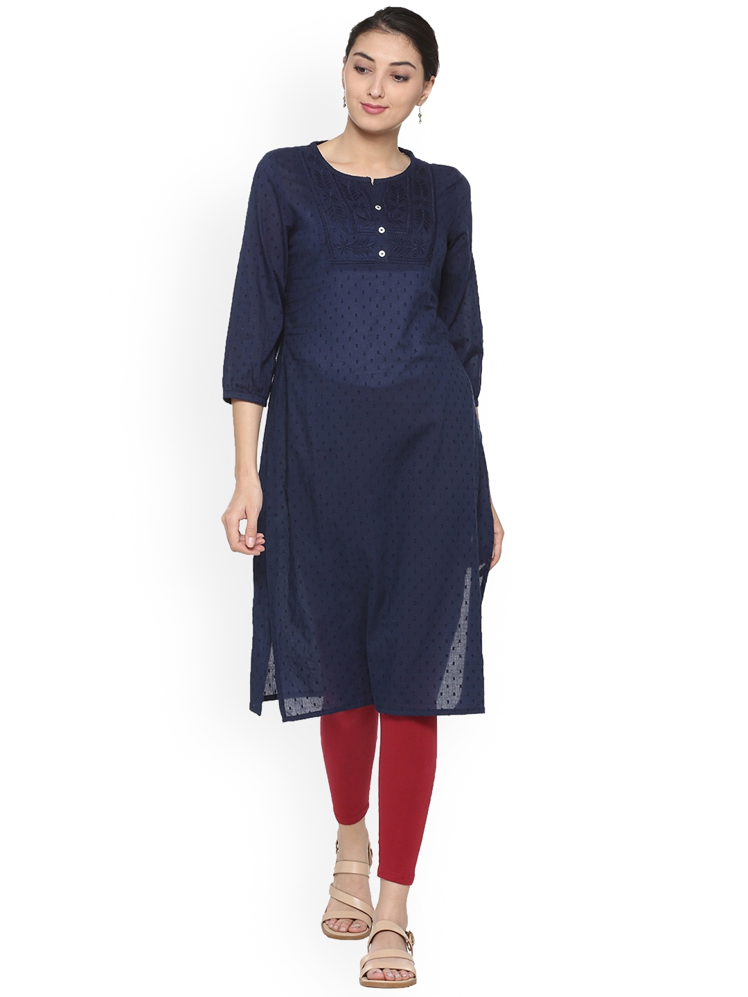 Buy People Women Navy Blue Woven Design Straight Kurta - Kurtas for ...