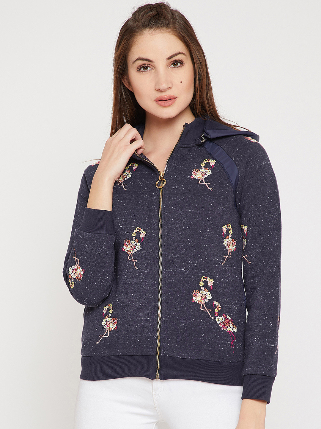 Buy RARE Women Navy Blue Embroidered Hooded Sweatshirt Sweatshirts