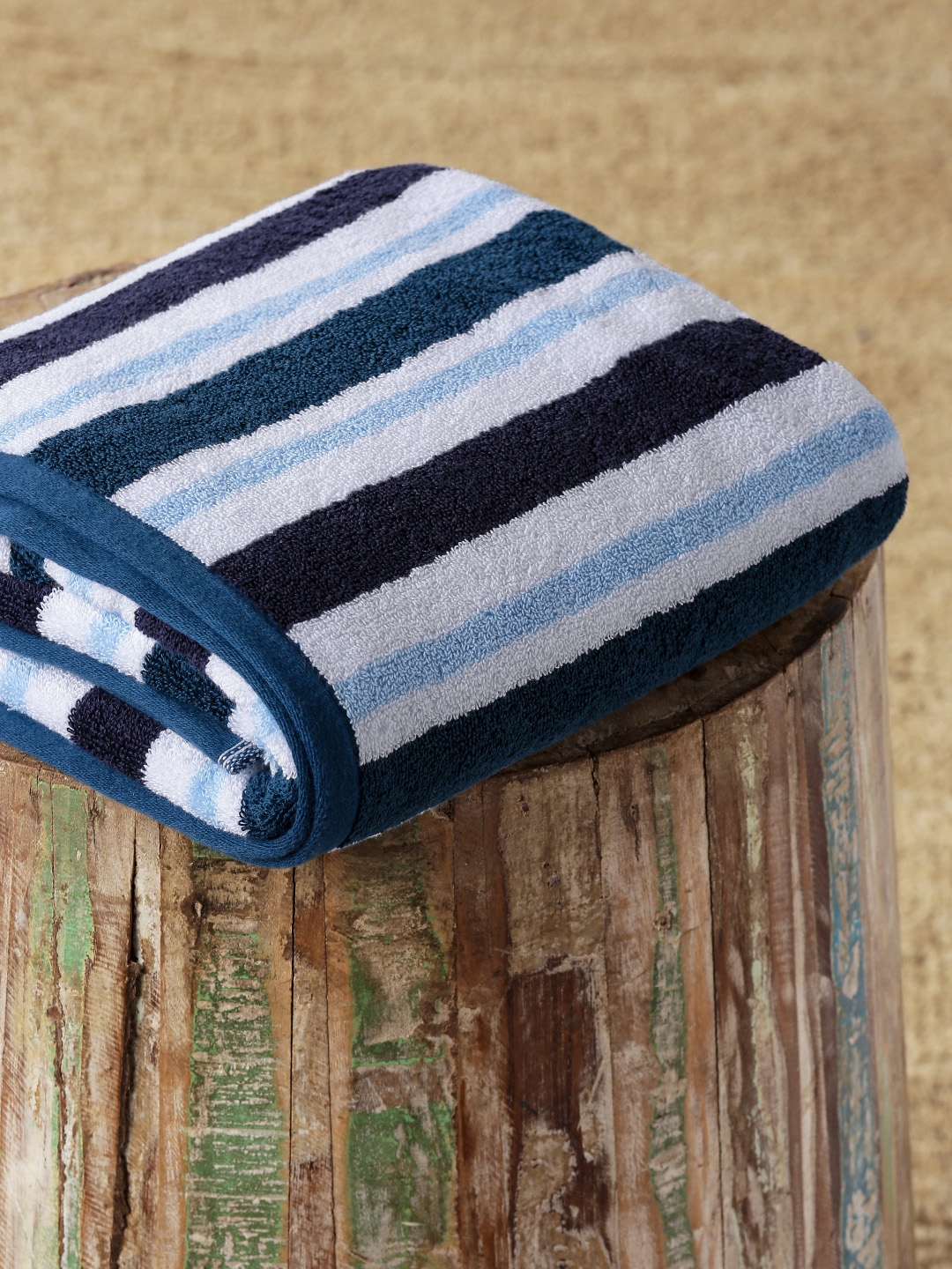 Buy Aura White & Blue Striped Bath Towel Bath Towels for Unisex