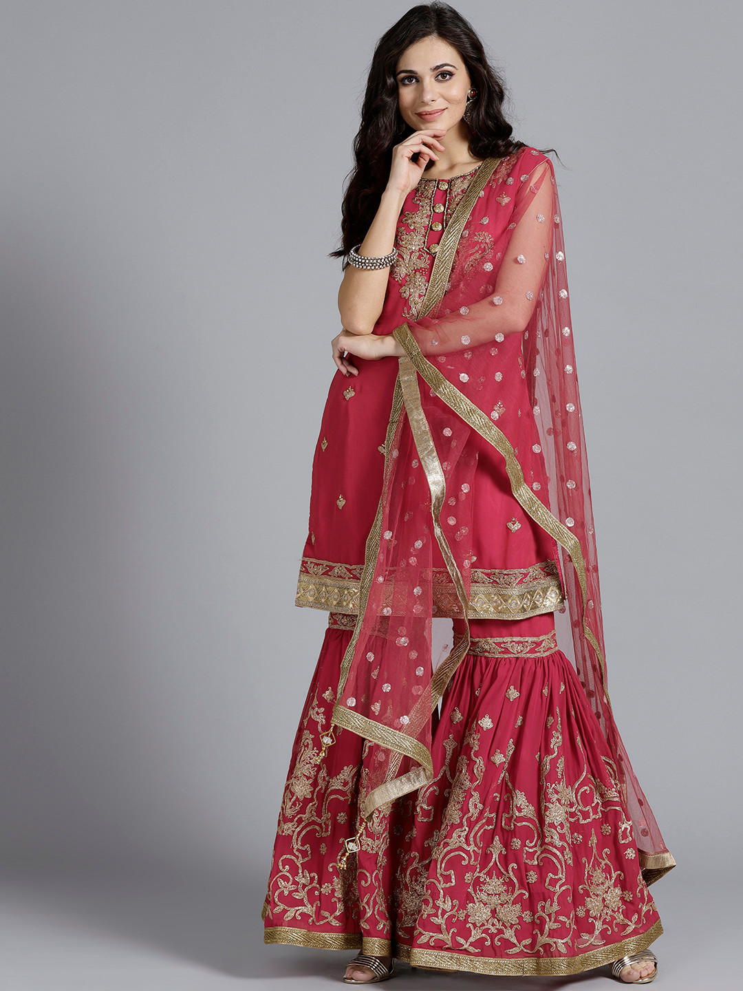 Buy Chhabra 555 Women Magenta & Golden Made To Measure Kurta With Sharara & Dupatta - Kurta Sets 