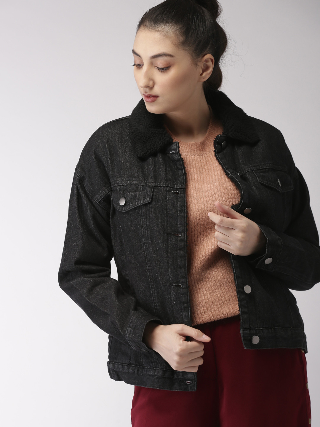 Buy FOREVER 21 Women Black Solid Denim Jacket Jackets for Women