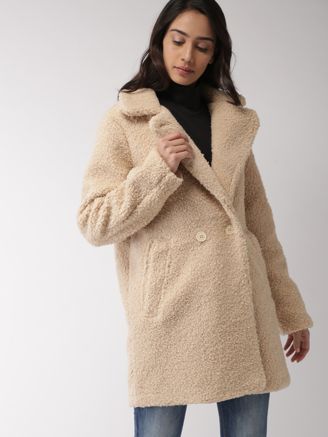 Buy FOREVER 21 Women Beige Solid Overcoat With Faux Fur Trim Coats