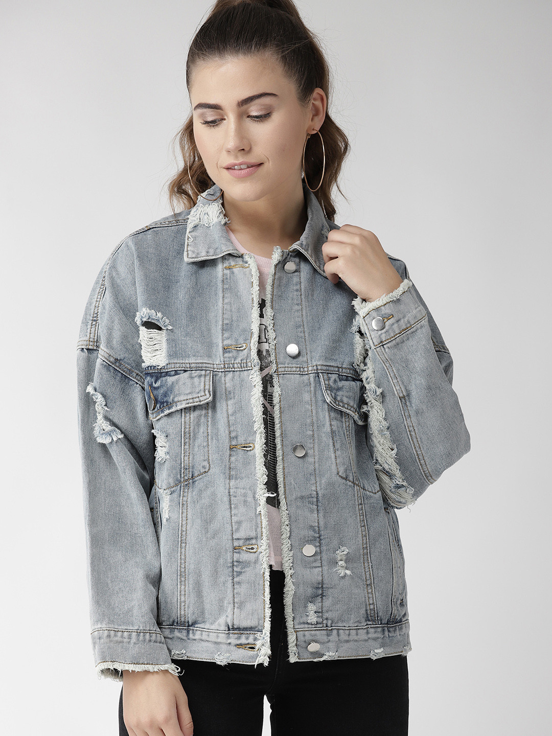 Buy FOREVER 21 Women Blue Solid Distressed Denim Jacket Jackets for