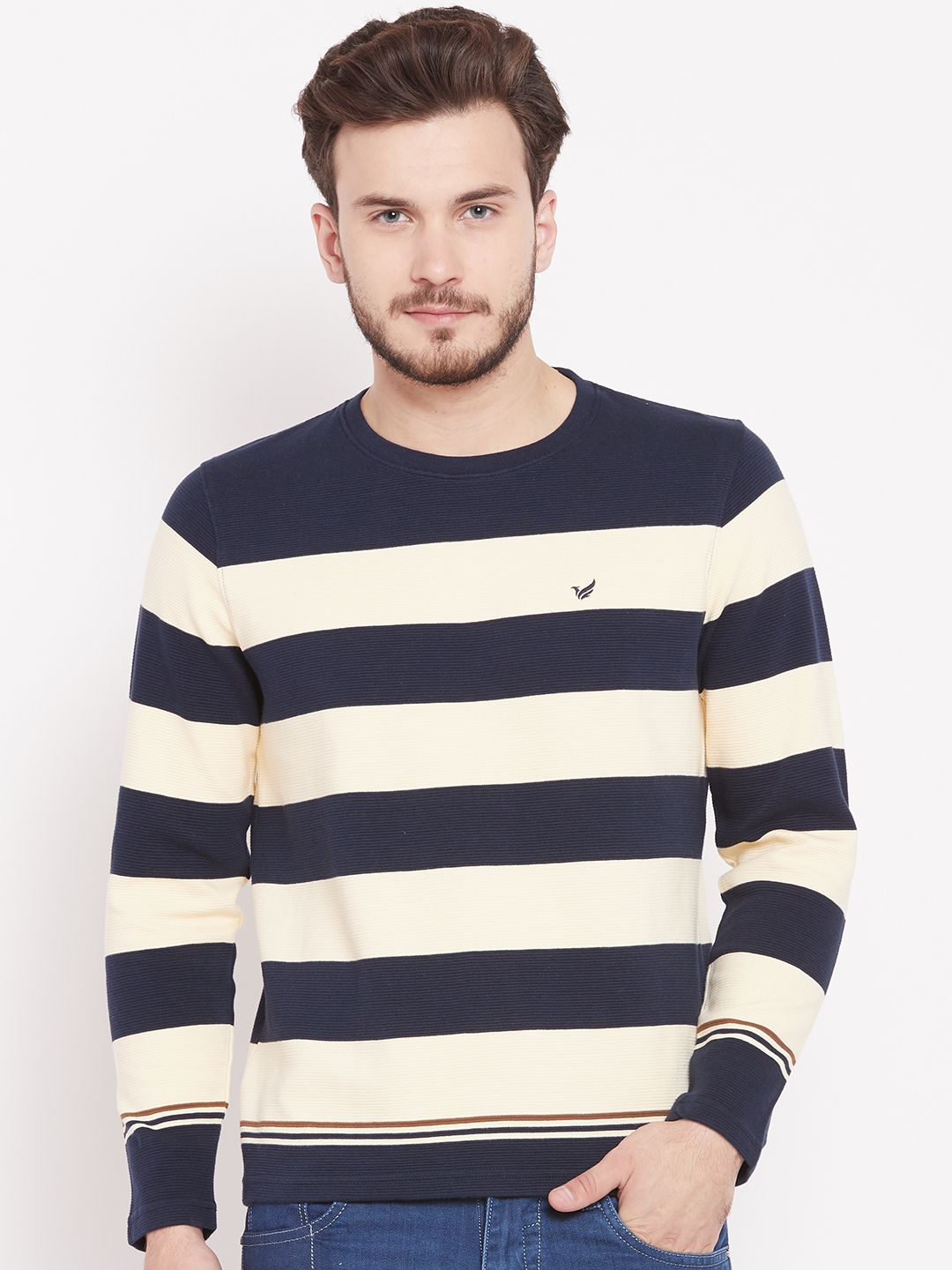 Buy Blackberrys Men Navy Blue & Cream Coloured Striped Sweatshirt ...