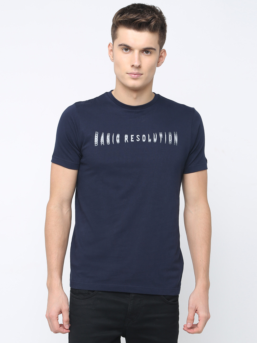 Buy Basics Men Navy Blue Printed Round Neck T Shirt - Tshirts for Men ...