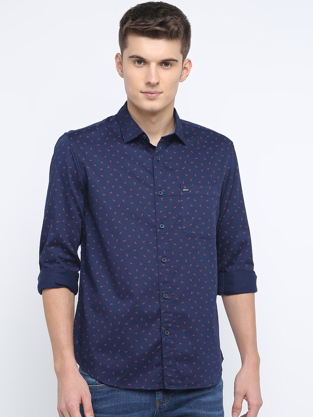 Buy Basics Men Navy Blue Slim Fit Printed Casual Shirt - Shirts for Men ...