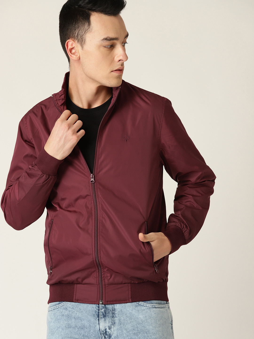 Buy Allen Solly Men Maroon Solid Bomber Jacket Jackets for Men