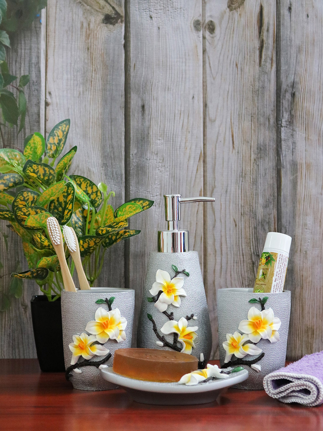 Buy Shresmo Set Of 4 Grey Polyresin Bath Accessories Bathroom