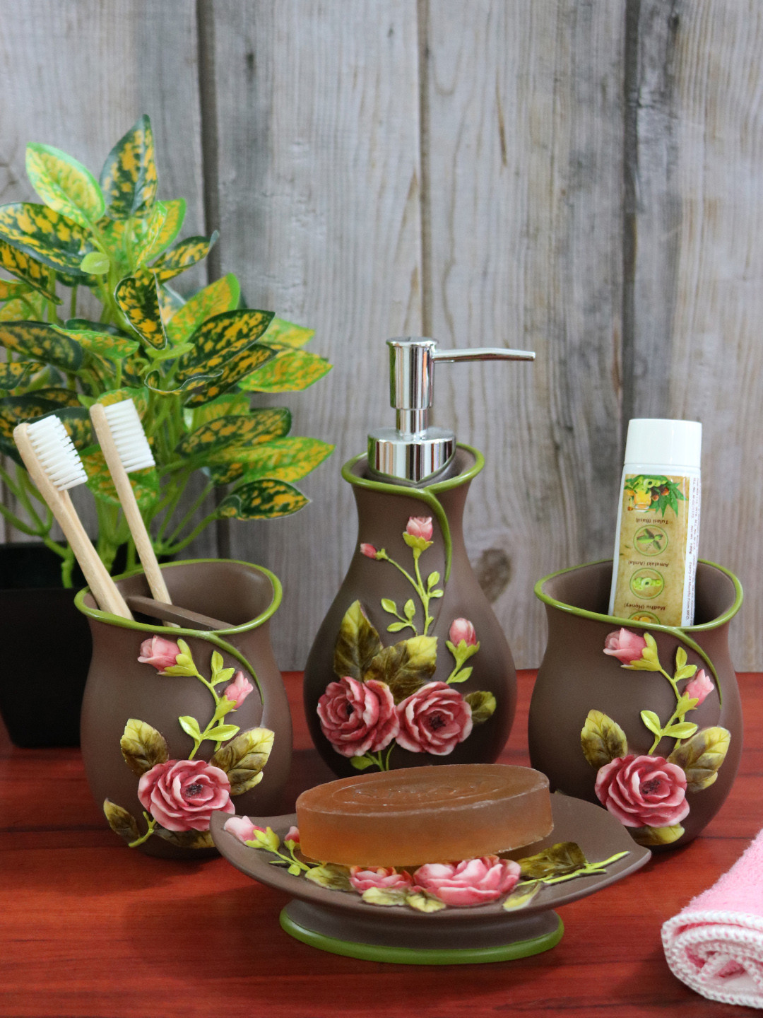 Buy Shresmo Set Of 4 Brown & Pink Polyresin Bath Accessories Bathroom