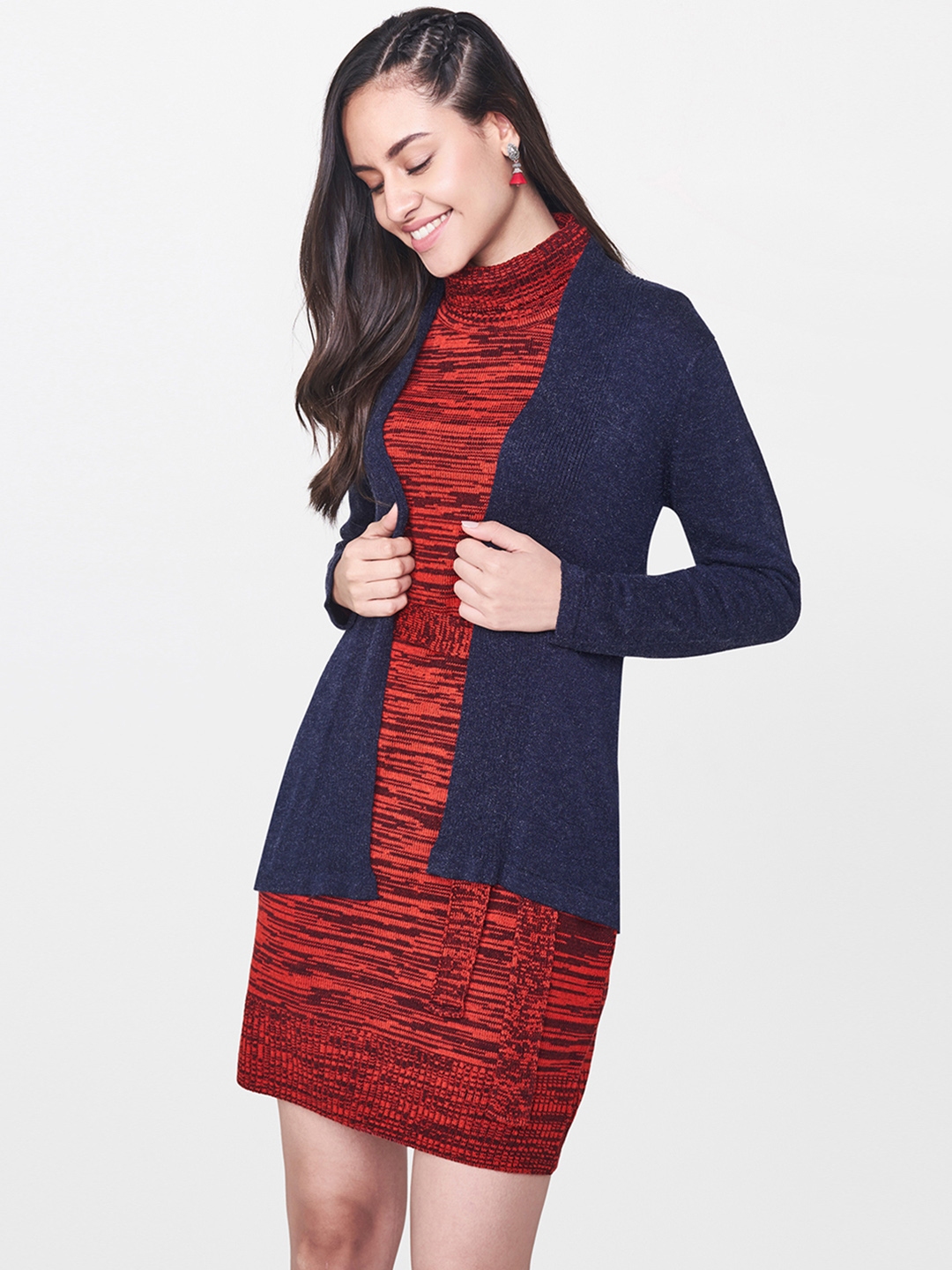 Buy Global Desi Navy Blue Solid Open Front Shrug Shrug for Women