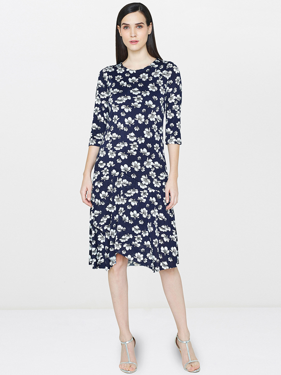 Navy Blue Printed Sleeveless A-Line Cotton Dress main image 0