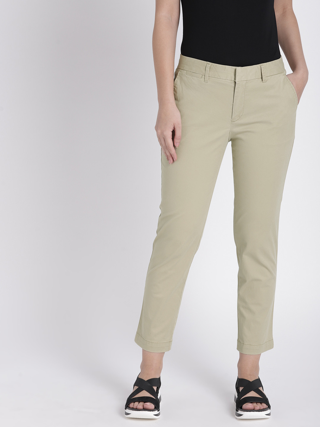 Buy GAP Women Beige Slim Fit Solid Regular Trousers Trousers for