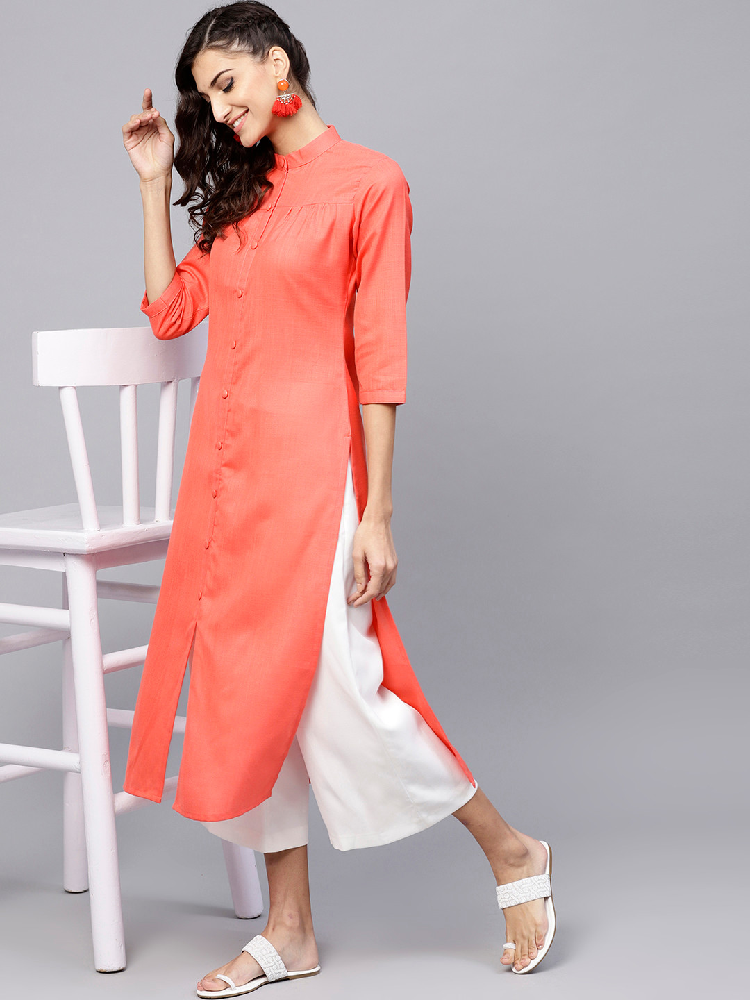 Buy GERUA Women Coral Pink Solid Straight Kurta Kurtas for Women