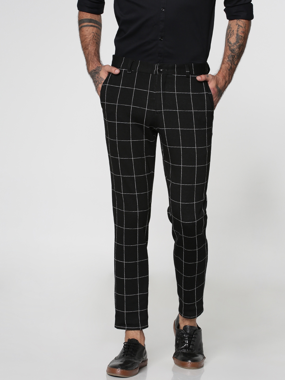 mens checked trousers with side stripe
