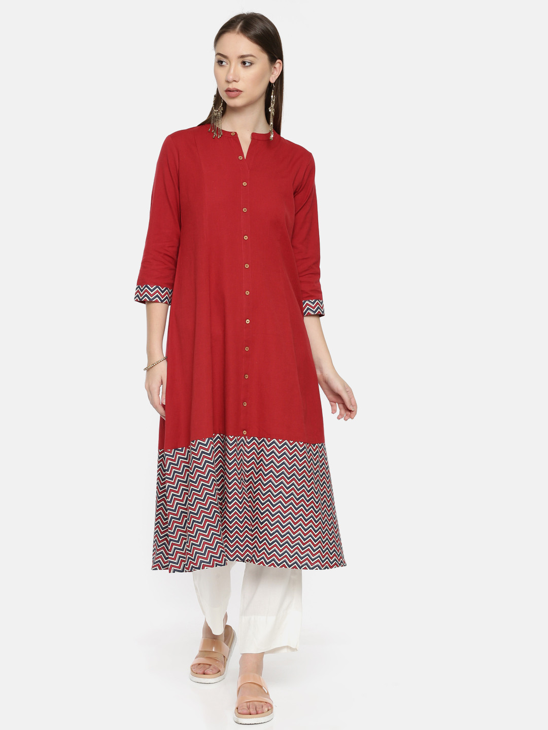 Women's Red Geometric Printed A-Line Kurta