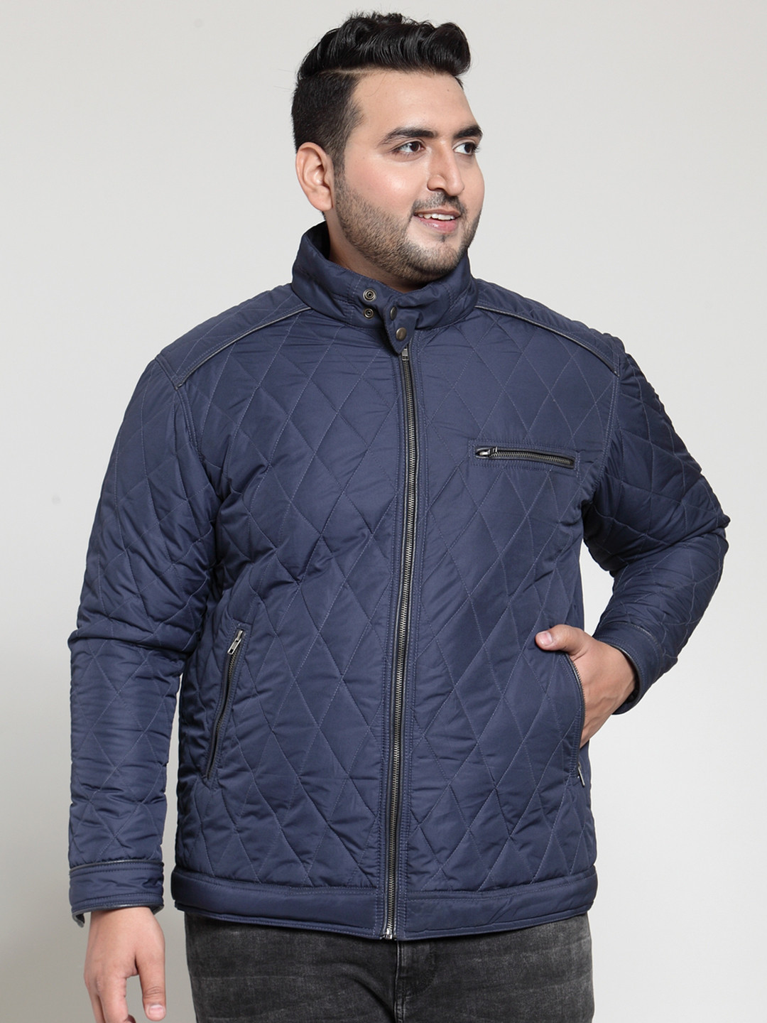 Buy PlusS Men Navy Blue Solid Quilted Jacket Jackets for Men 7840803