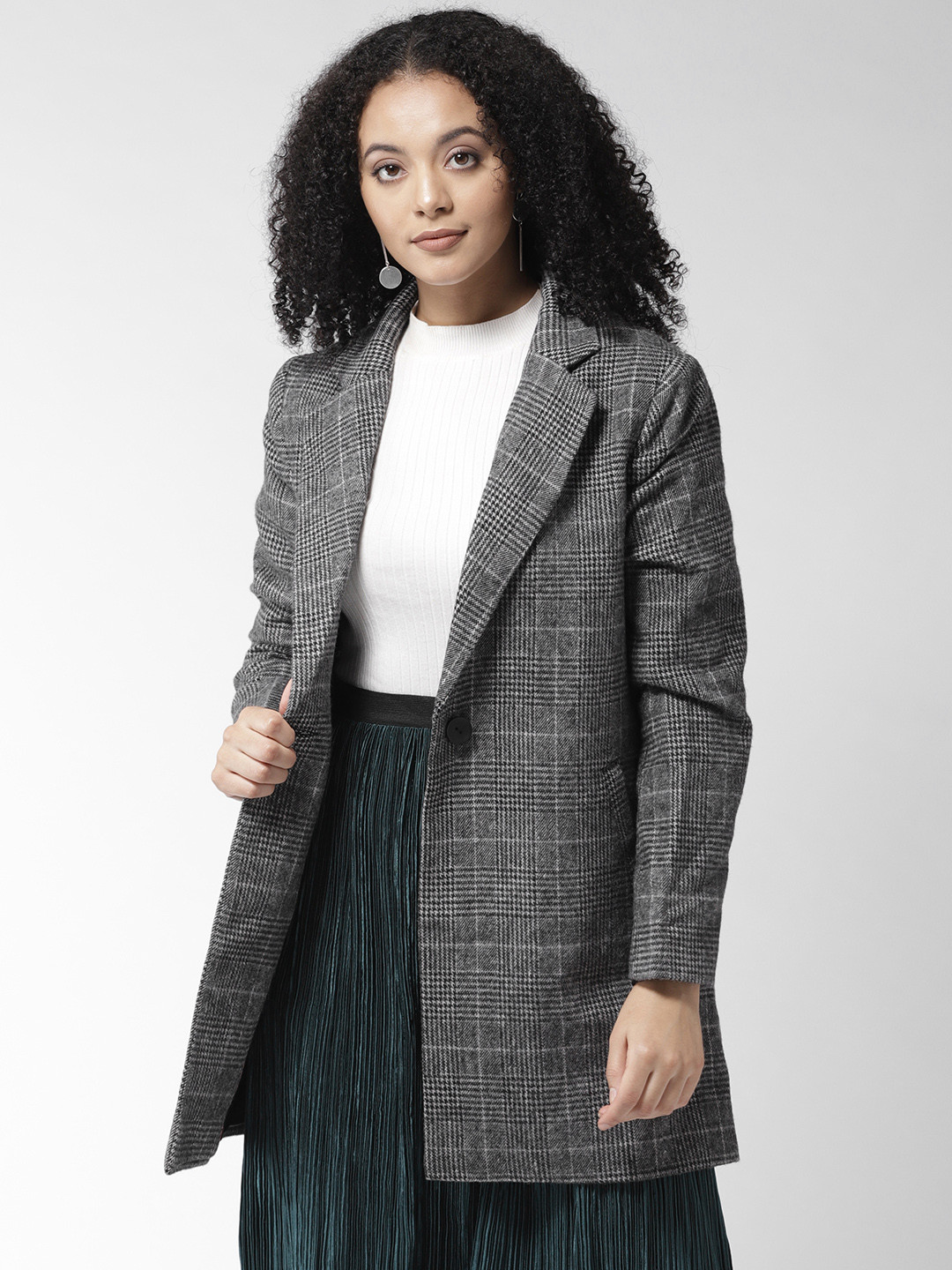 Buy Madame Women Charcoal Grey Self Checked Overcoat Coats for Women