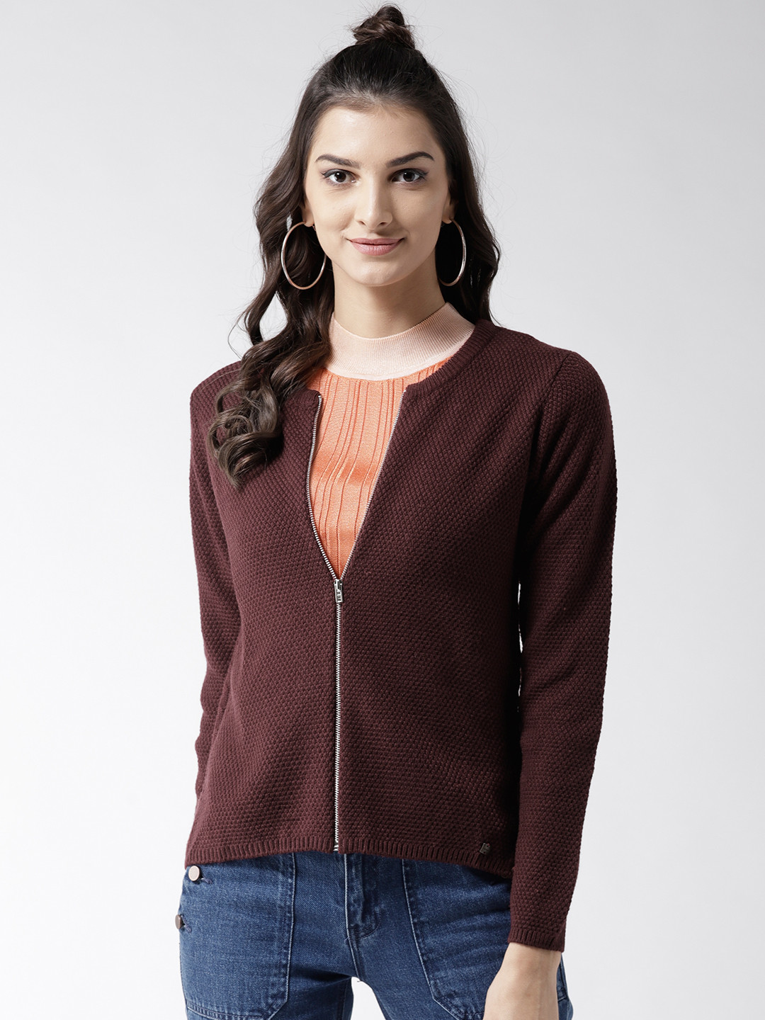 Buy Madame Women Burgundy Solid Cardigan Sweaters for Women 7842695