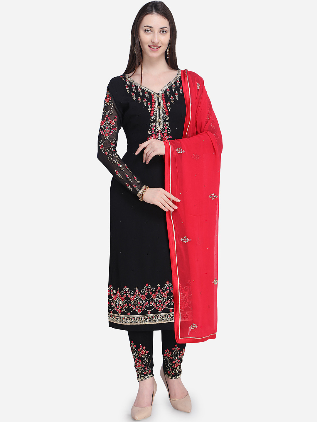Buy Stylee LIFESTYLE Black & Red Poly Semi Stitched Dress
