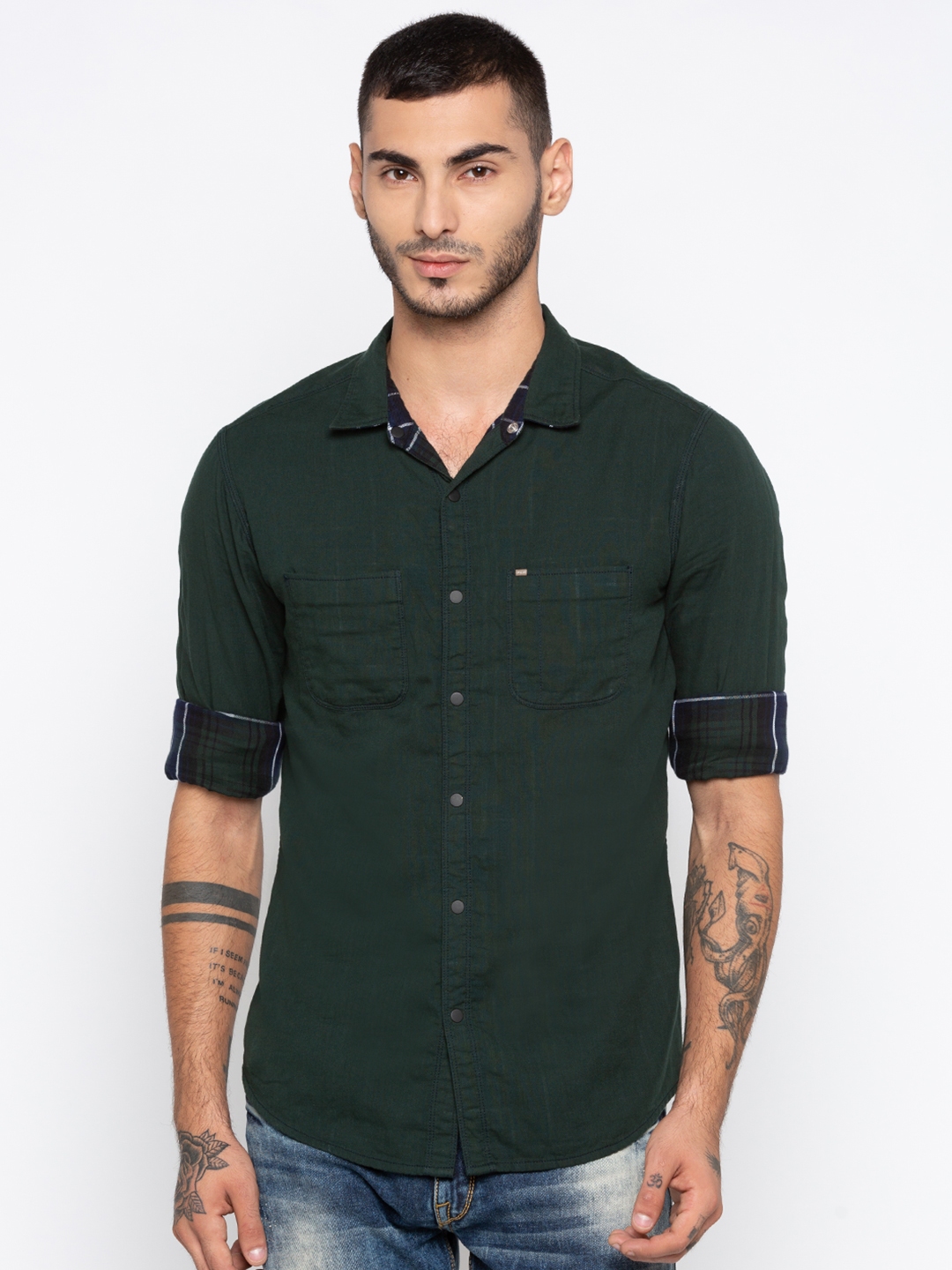 Buy SPYKAR Men Green Slim Fit Solid Casual Shirt - Shirts for Men ...