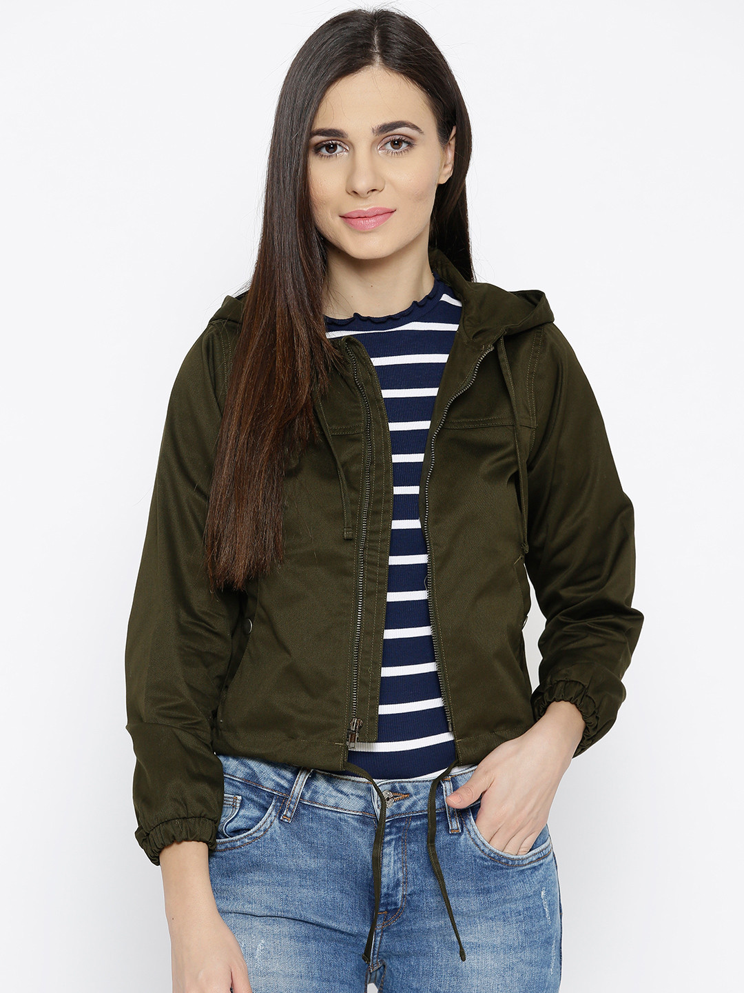 Buy Van Heusen Woman Women Olive Green Hooded Tailored Crop Jacket Jackets for Women 7861567