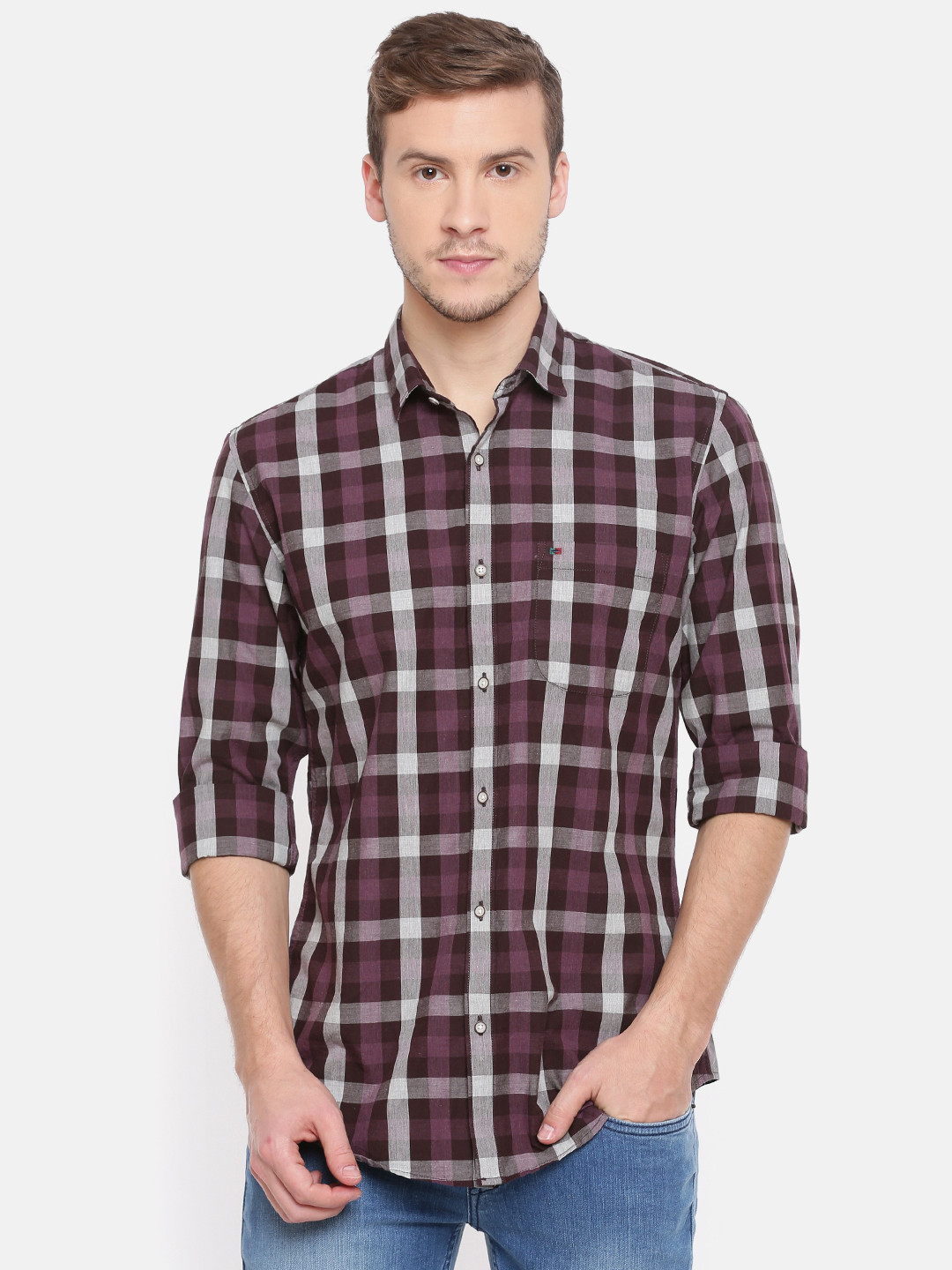 Buy Peter England Casuals Men Burgundy & Purple Slim Fit Checked Casual