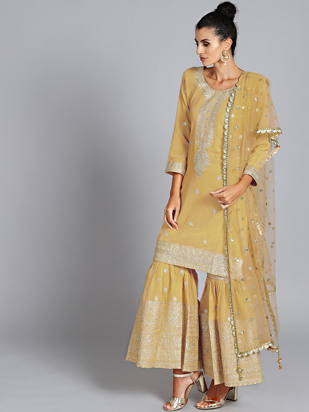 Buy Chhabra 555 Women Gold Toned & Beige Embroidered Kurta With Sharara & Dupatta - Kurta Sets 