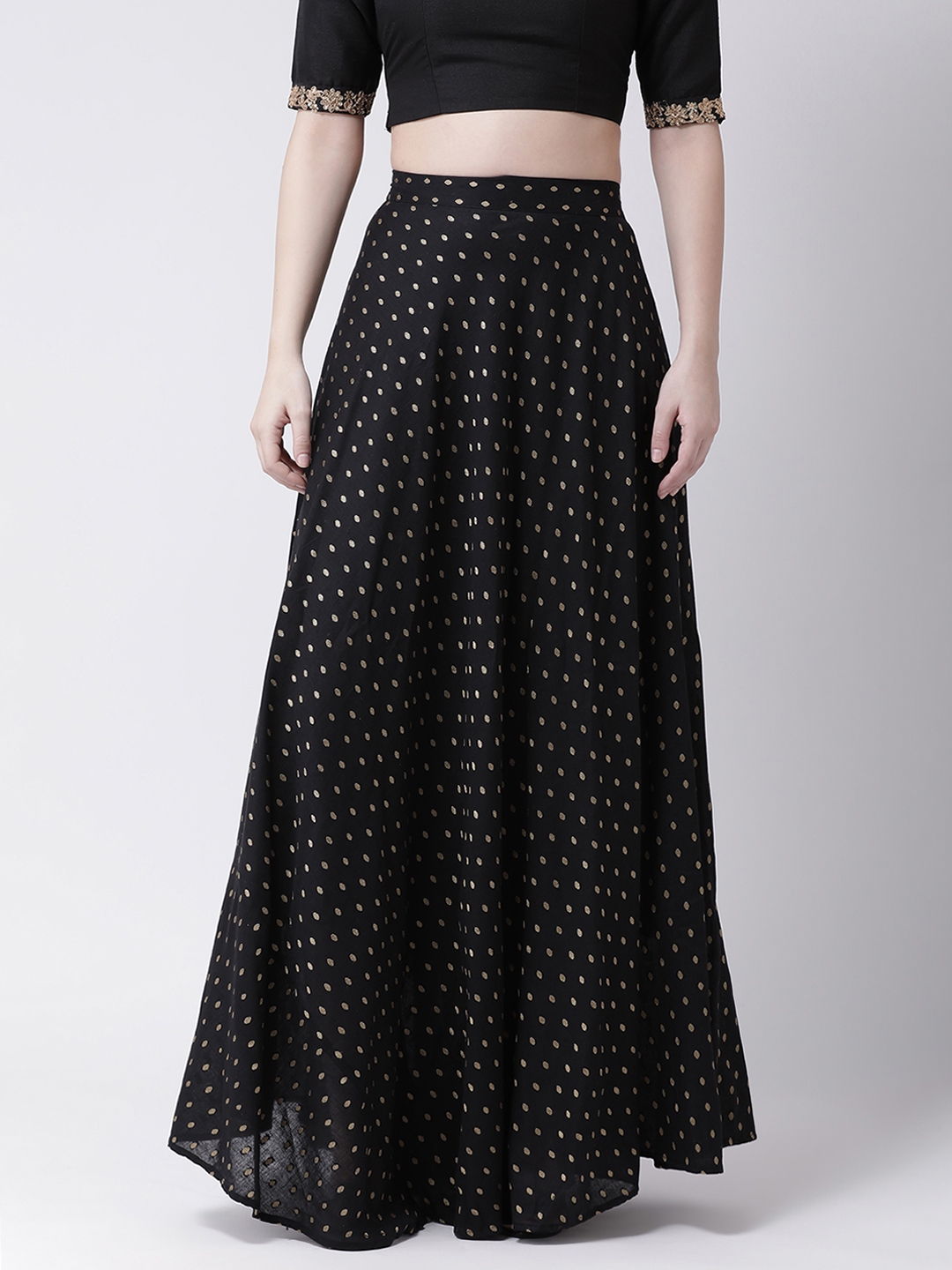 Buy Pinwheel Women Black & Gold Toned Printed Flared Maxi Skirt ...