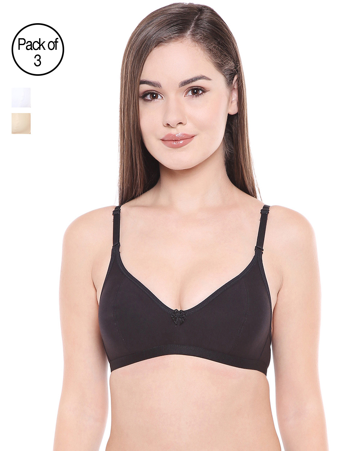 Buy Bodycare Women Pack Of 3 Black, Beige & White Solid Everyday Bra