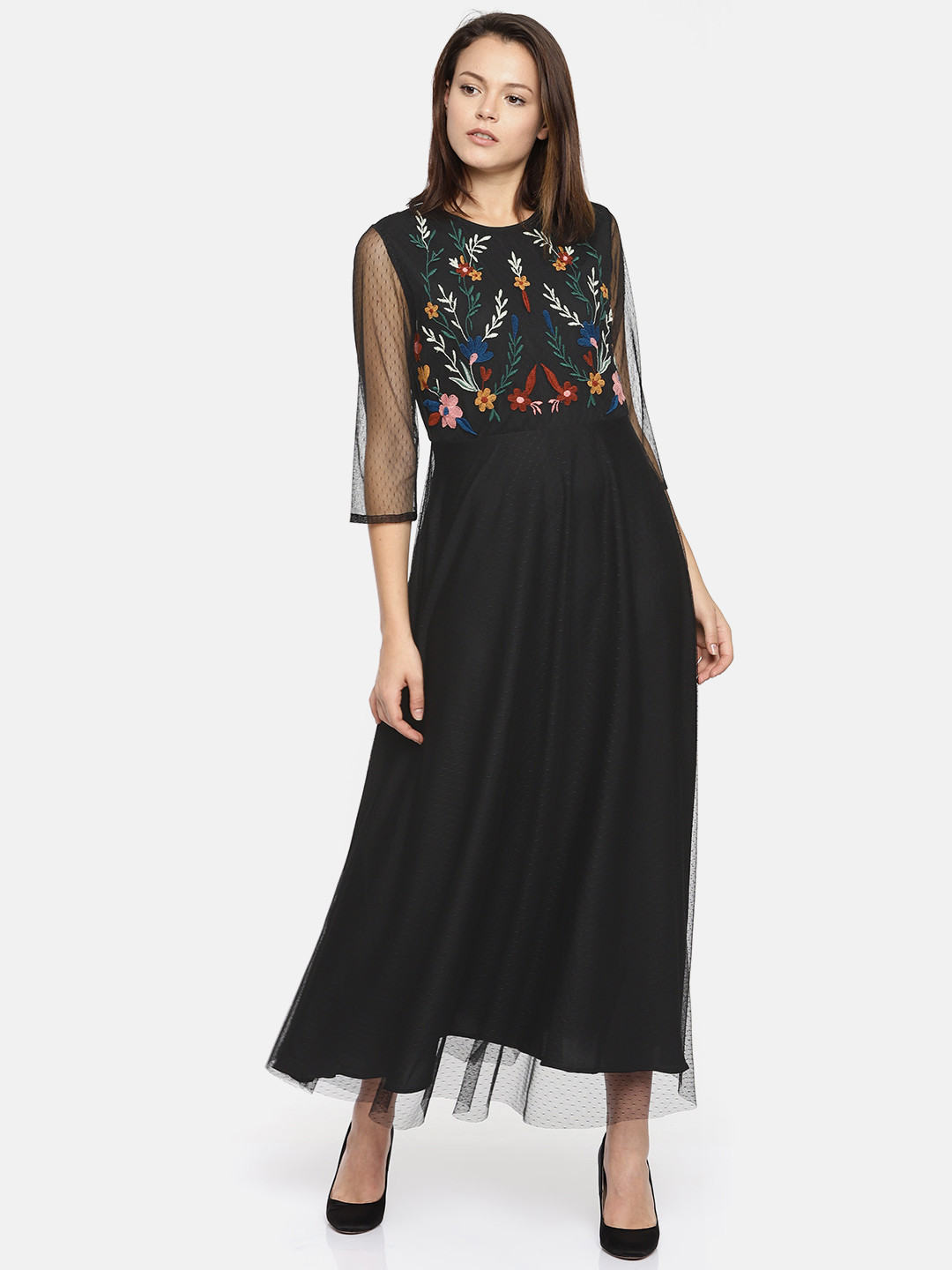 Buy Antheaa Women Black Self Design Embroidered Maxi Dress Dresses