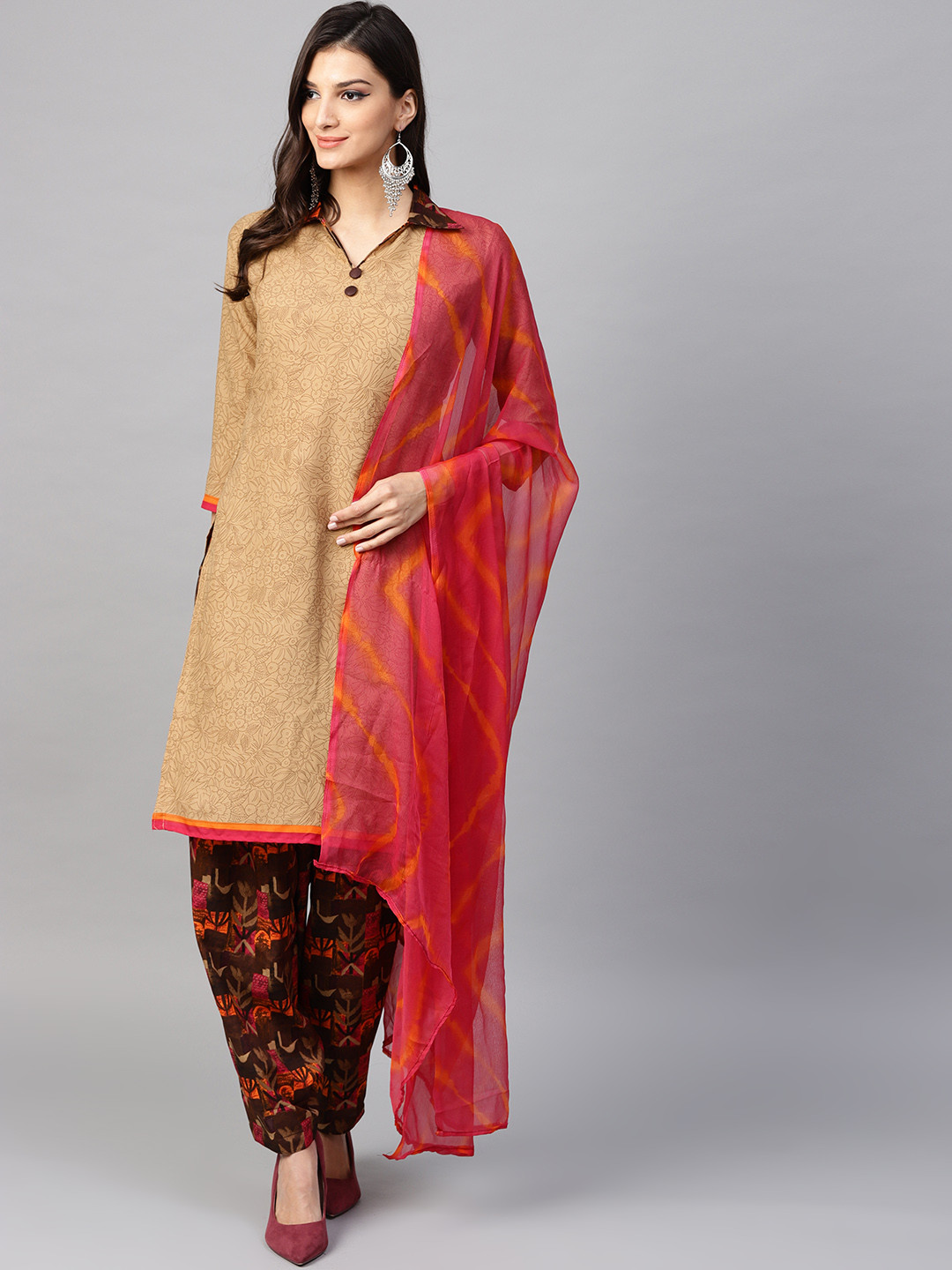 Buy Saree Mall Beige & Coffee Brown Printed Unstitched Dress Material Dress Material for Women