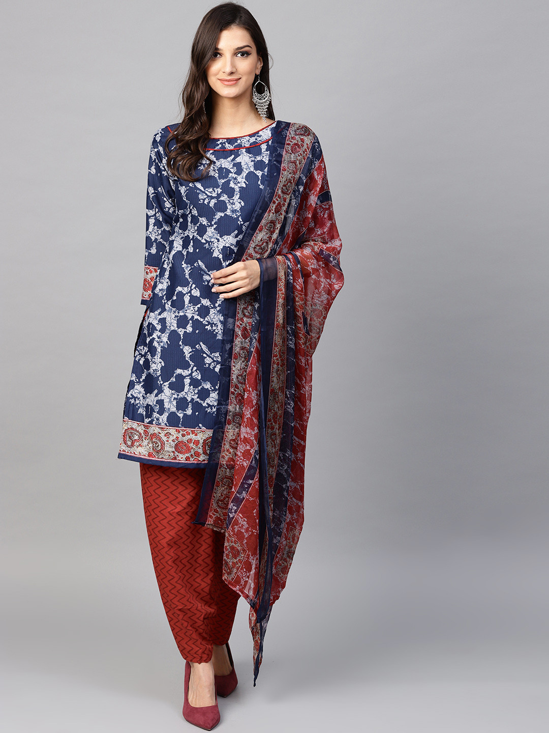 Buy Saree Mall Navy Blue & Rust Brown Printed Unstitched Dress Material