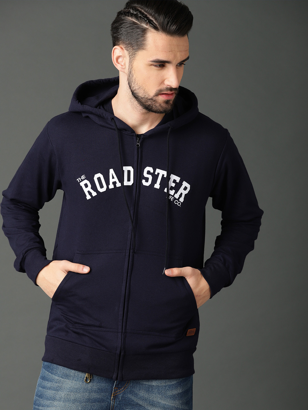 roadster men blue printed hooded sweatshirt