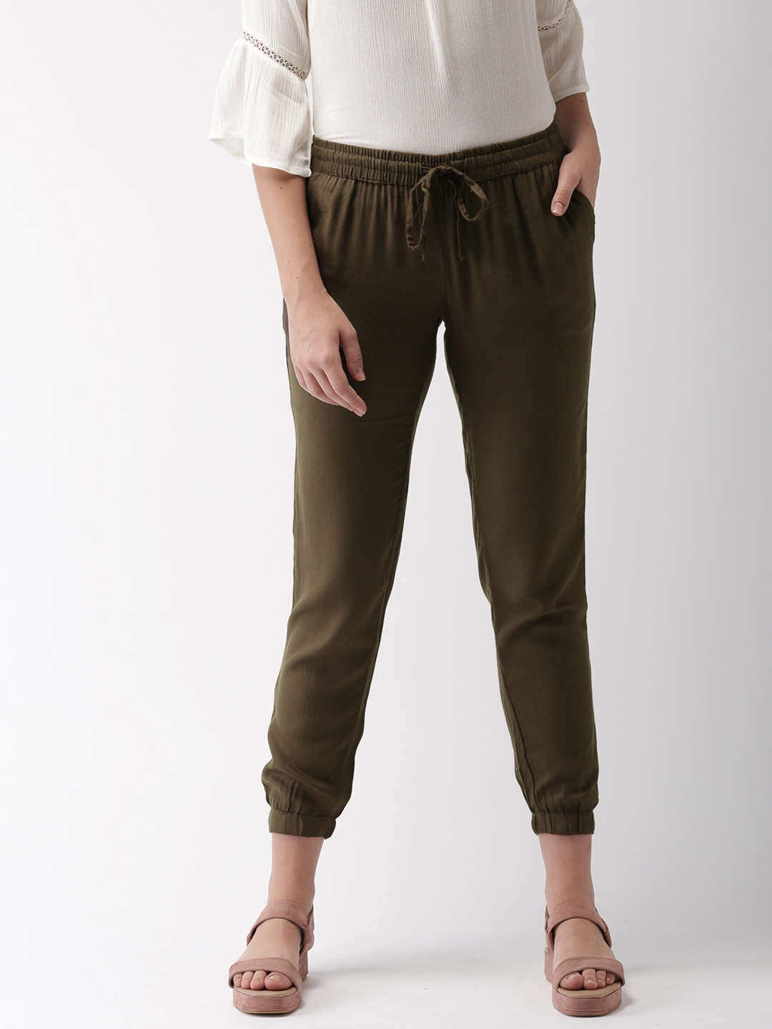 Buy Bossini Women Olive Green Regular Fit Solid Joggers Trousers for