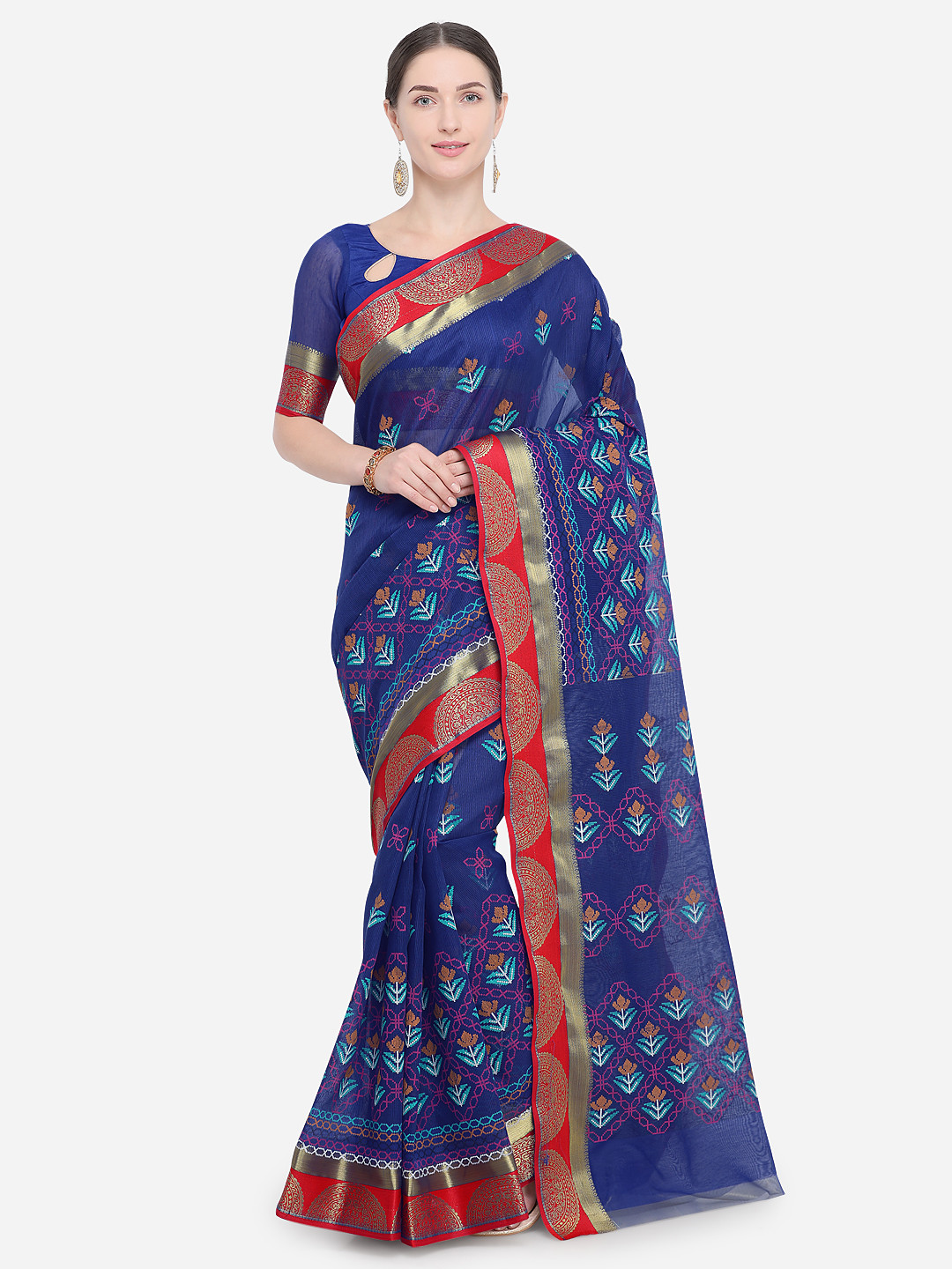 Buy Saree Swarg Blue Cotton Blend Woven Design Chanderi Saree Sarees