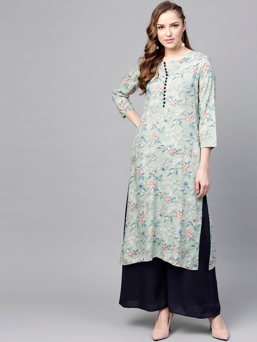 Buy Tissu Women Mint Green & Navy Blue Printed Kurta With Palazzos