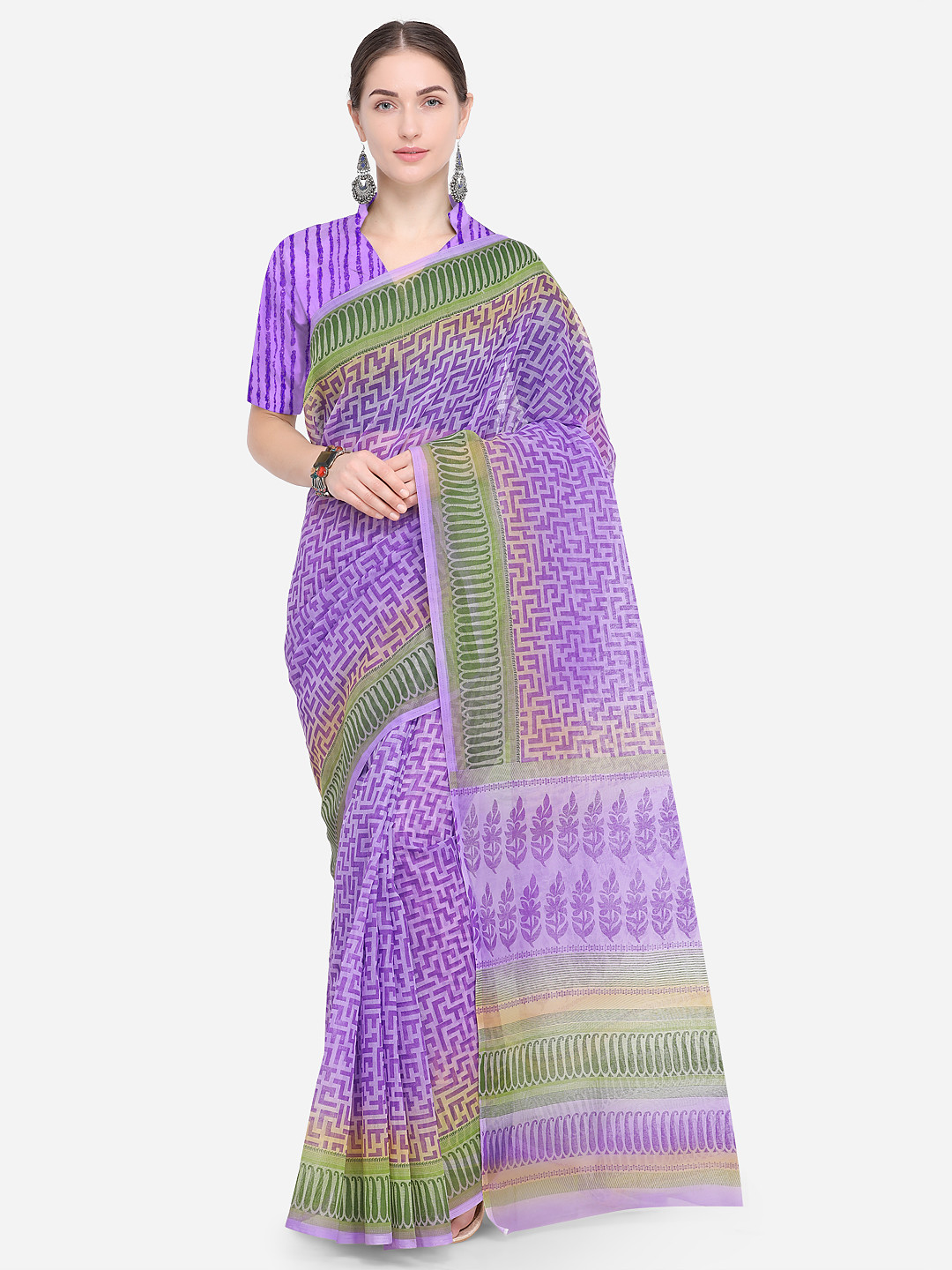 Lavender Printed Cotton Saree With Unstitched Blouse Piece