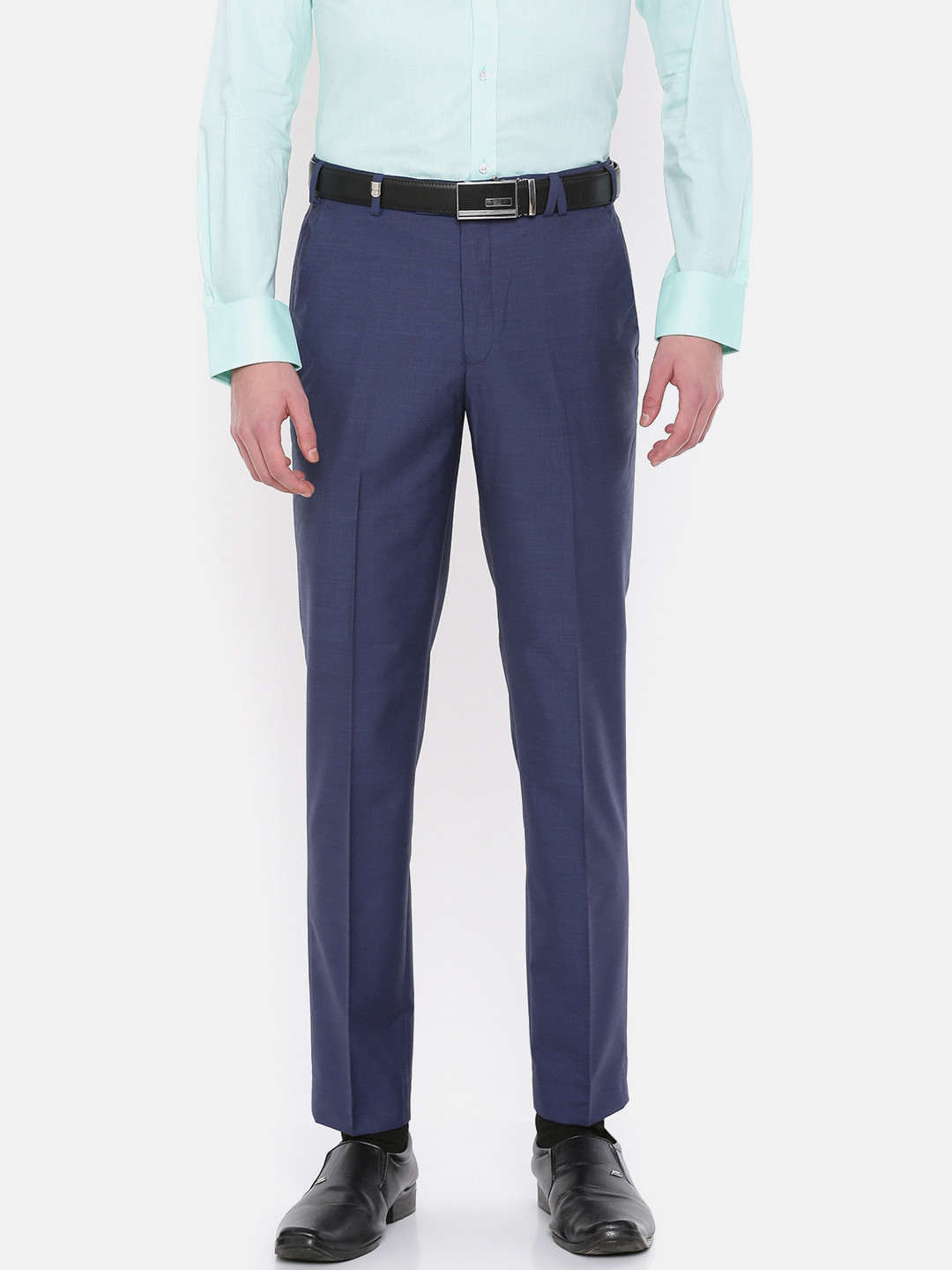 Buy Park Avenue Men Blue Regular Fit Self Design Formal Trousers ...